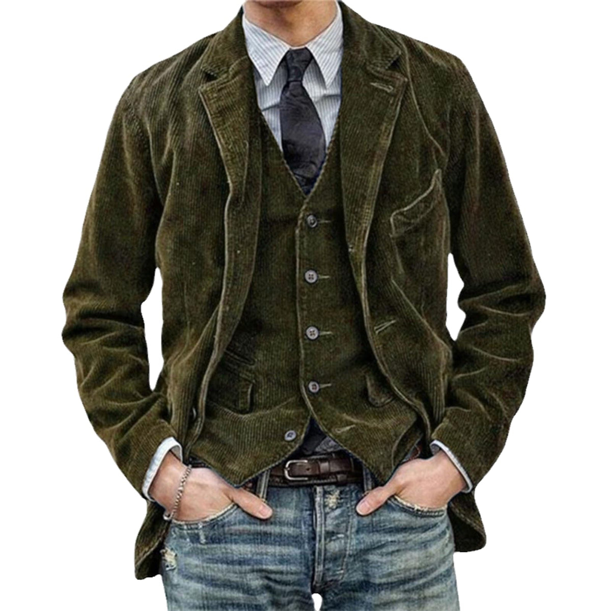 HanzhuoLG Men's Solid Color Fashion Casual Corduroy Jacket Retro Front Pocket Design Blazer Jacket Coat army green XL