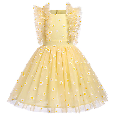 3rd 4th Birthday Girl Outfit: Third Fourth Birthday Dress for Girls Cake Smash Toddler Boho Rainbow Princess Dresses Party Pageant Gown Kids Mini Tutu Skirt Photoshoot Yellow Daisy 3-4T