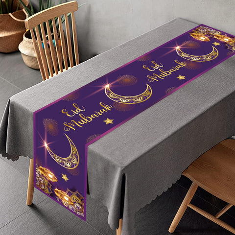 Eid Ramadan Mubarak Table Runner, 14*71in Muslim Ramadan Tablecloth Star Moon Mosque Decorative Table Cloth Polyester Eid Table Cover for Islamic Iftar Party Decor, Kitchen, Dining Room (D)