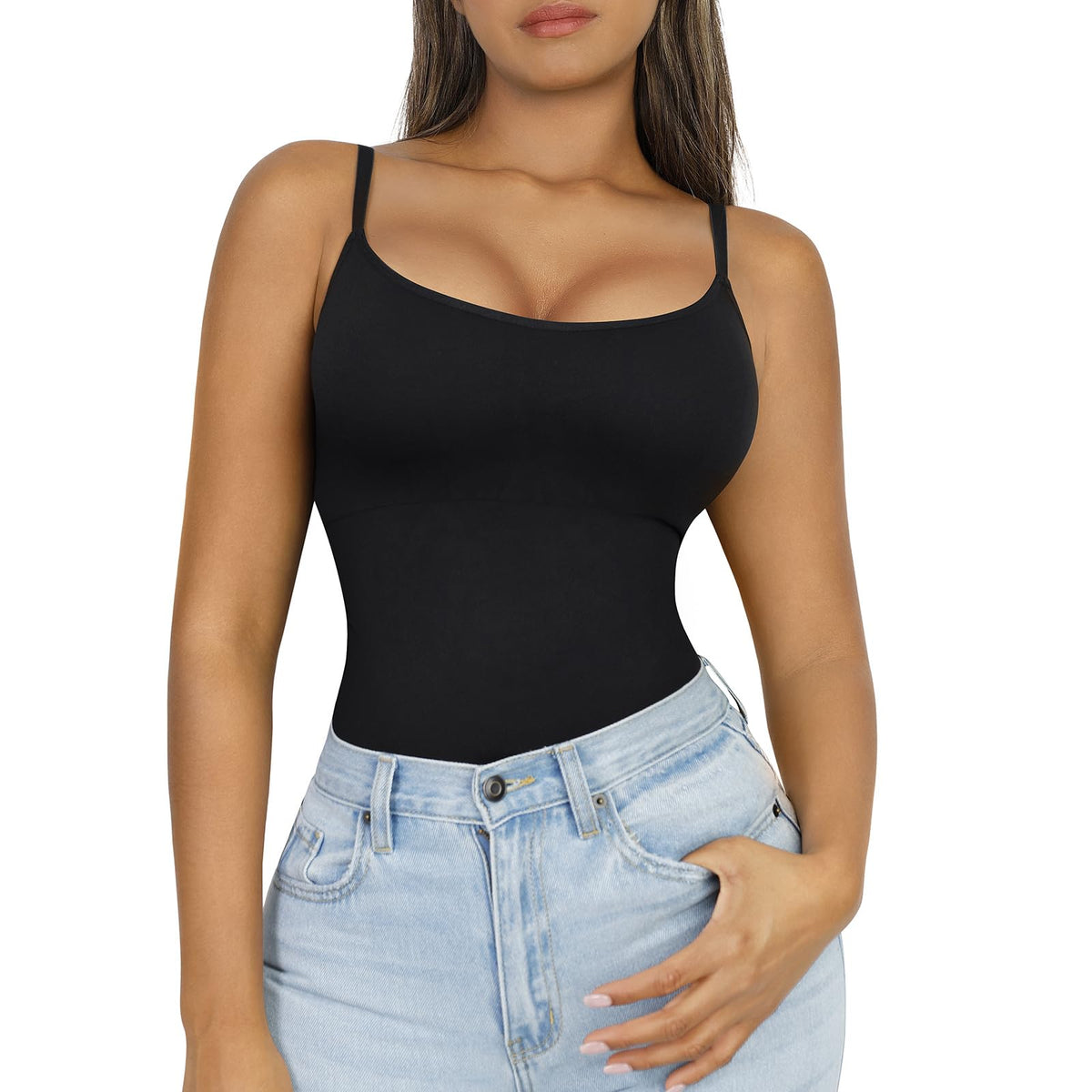 FeelinGirl Women Tummy Control Shapewear Tank Tops, Seamless Camisoles with Padded Bra, Women Cami(Medium, Black)