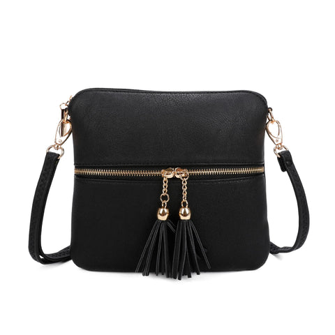 LeahWard Womens Small Cross Body Bags Nice Soft Shoulder Bags Tassel Handbags For Her Holiday Party CW9118 (BLACK SMALL H20cm x W22cm x D3cm)