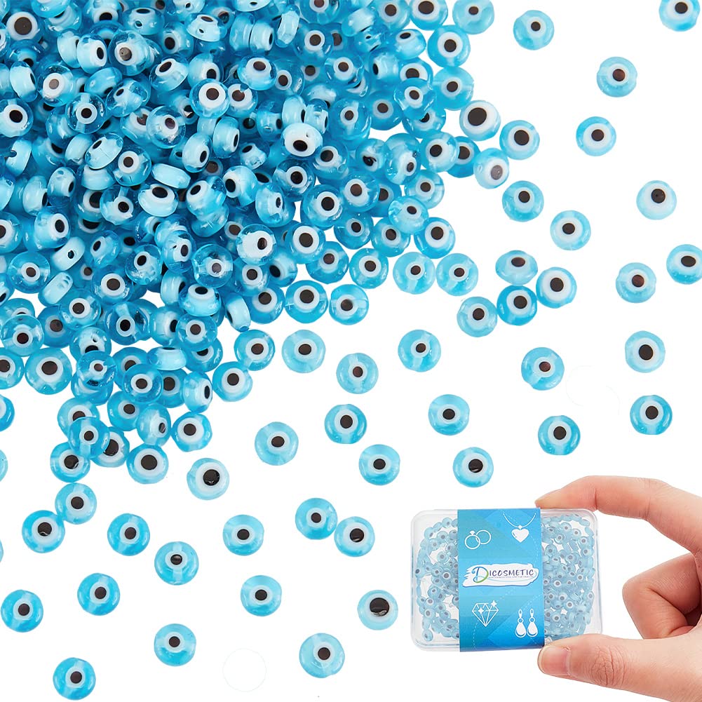 DICOSMETIC About 400Pcs Light Blue Glass Evil Eye Bead 4.5mm Flat Round Lampwork Beads Small Turkish Loose Beads for Jewellery Making and DIY Crafts, Hole: 0.6mm