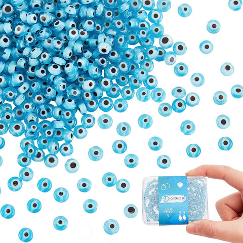 DICOSMETIC About 400Pcs Light Blue Glass Evil Eye Bead 4.5mm Flat Round Lampwork Beads Small Turkish Loose Beads for Jewellery Making and DIY Crafts, Hole: 0.6mm