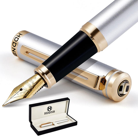 HDDNB Silver Luxury Fountain Pen Sets for Men and Women with Gift Box, 24K Gold Finish and Gilded Nib(Medium) with 5 Black Ink Cartridges and Converter