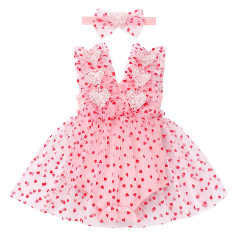 IMEKIS My First Valentines Day Baby Girl Outfit: First Birthday Outfit Girl Cake Smash Photoshoot Newborn Photography Infant 1st Valentines Day Dress Toddler Cupid Outfit Pink + Red Heart 12-18 Months