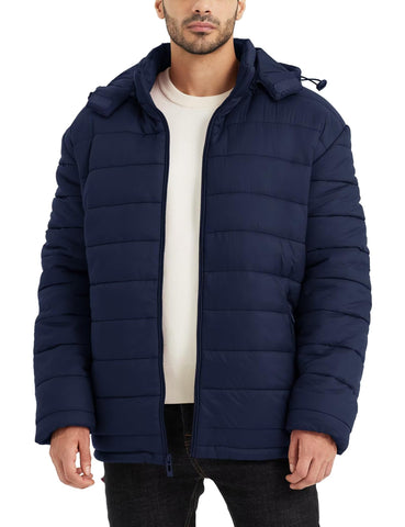 BEST SOUTH Men's Winter Puffer Jacket Hooded Puffy Fleece Warm Lightweight Coat Outerwear Cold Weather, Inkling Blue, 3XL