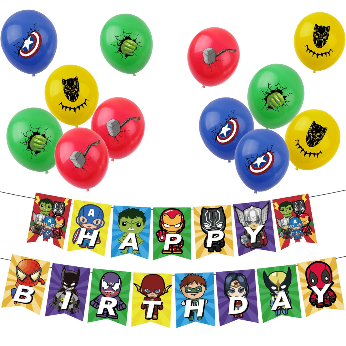 Avengers Superhero Birthday Decorations Super Hero Party Pack,1pcs Happy Birthday Iron Man Hulk Spiderman Banner and 12pcs 12inch Superhero Birthday Balloons for Kids Boys Superhero Party Decorations