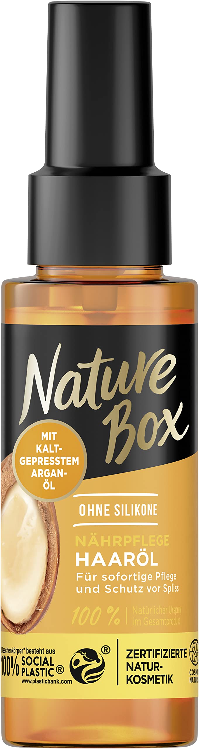 Nature Box Nourishing Hair Oil (70 ml), Hair Oil with Argan Oil Provides Intensive Care and Protects Against Split Ends, Bottle Made of 100% Social Plastic