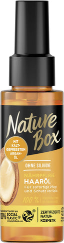 Nature Box Nourishing Hair Oil (70 ml), Hair Oil with Argan Oil Provides Intensive Care and Protects Against Split Ends, Bottle Made of 100% Social Plastic