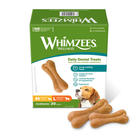 WHIMZEES By Wellness Rice Bone, Natural and Gluten-Free Dog Chews, Dog Dental Sticks for Medium and Large Breeds, 20 Pieces, Size M/L