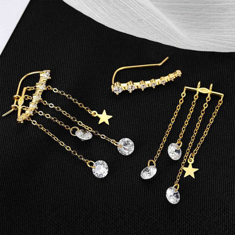 Yheakne Boho Star Ear Jacket Earrings Gold Cz Star Ear Climber Earrings Crystal Chain Tassel Earrings Crystal Ear Crawler Long Chain Earrings Jewelry for Women and Girls Gifts (Gold)