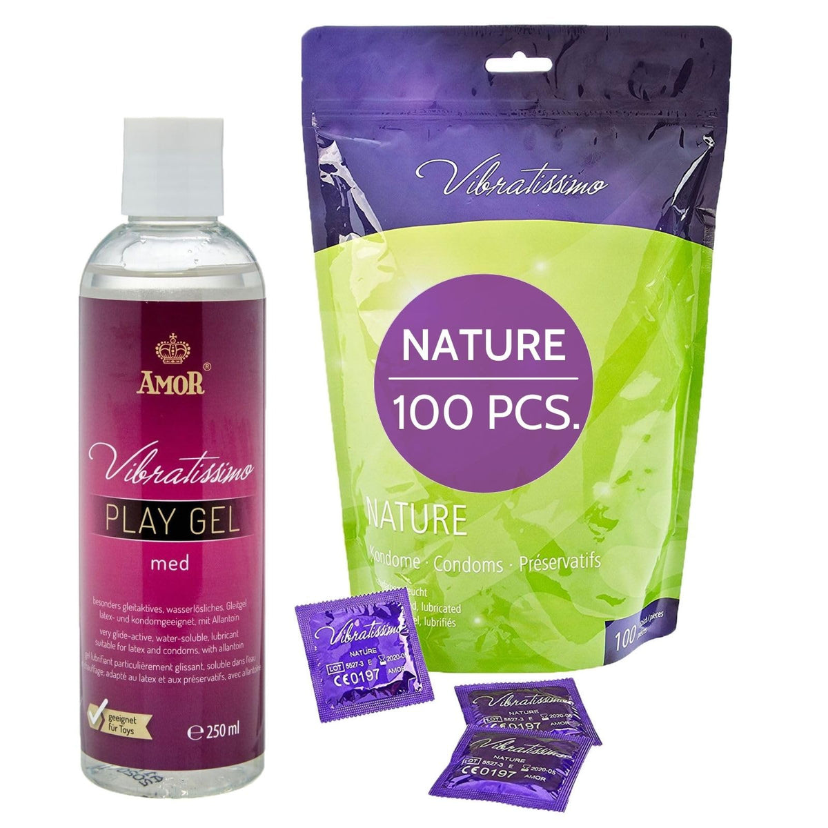 VIBRATISSIMO Condoms Nature 100-Pack & Lubricant Set I Extra Lubricated Condom Box I Condoms for Men I Thin Wall Thickness & Natural Colors I Condoms Feel Ultra-Thin & Sensitive I w=53mm