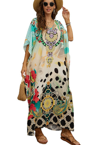 YouKD Print Pattern Roomy Kaftan Dress Boho Robes Beach Cover-ups Roomy Gowns for Women