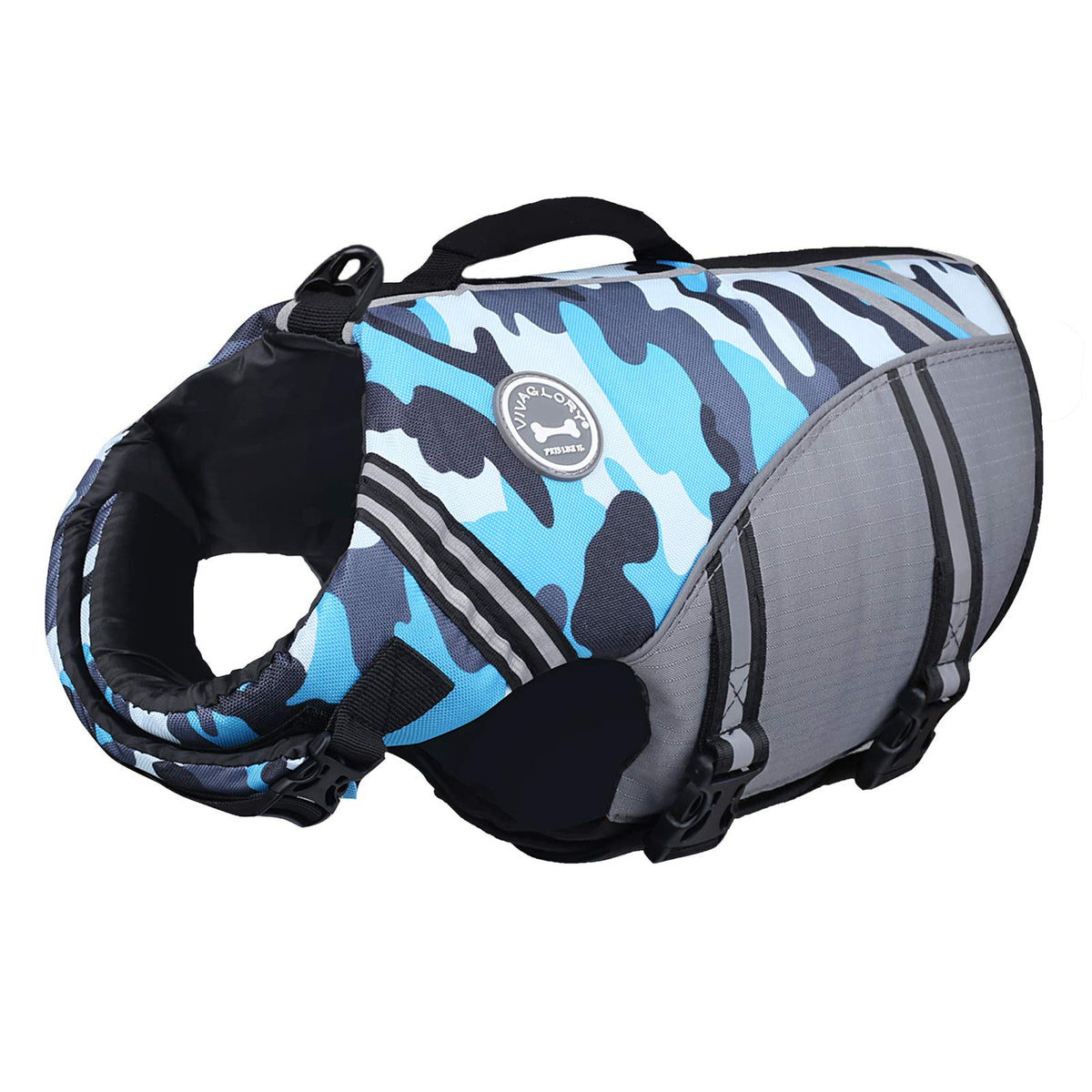 VIVAGLORY Sports Style Dog Life Jacket with Extra Flotation, Adjustable & Durable Swim Vest with Secure Fastening System for Large Dogs, Camo Blue