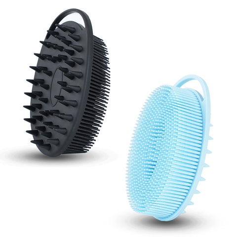 2 PC Silicone Exfoliating Body Scrubber, 2 in 1 Silicone Body Shampoo Brush, Soft Silicone Loofah for Sensitive Skin, Shower Silicone Hair Scalp Massager, Easy to Clean, Lather Well (Black&Blue)