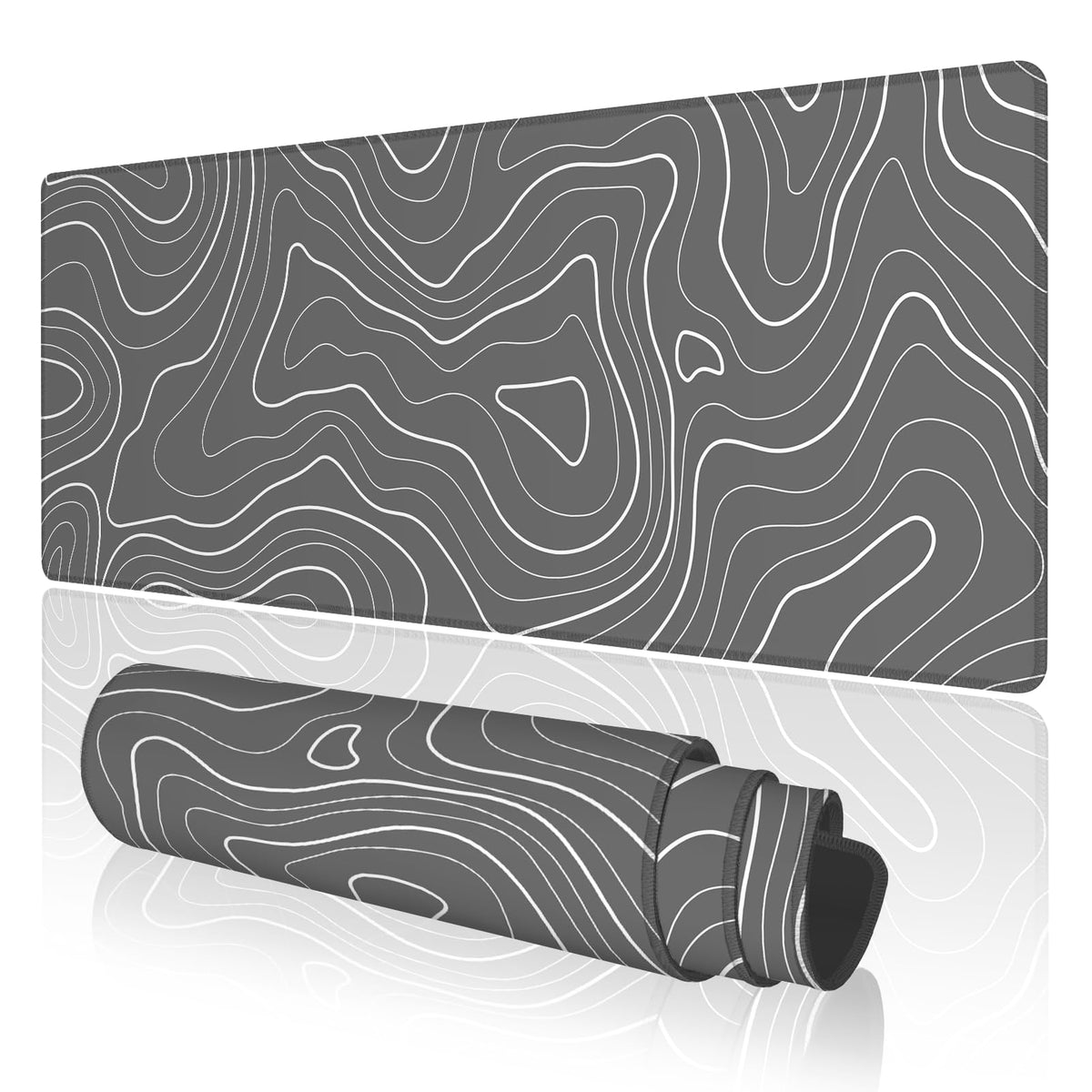 TOXXU Gray Topographic Contour Large Gaming Mouse Pad with Anti-Slip Base for Keyboard, Map Extended XL Mousepad for Office and Room, Cool Desk Mat with Stitched Edges for Desk, 31.5 x 11.8 in