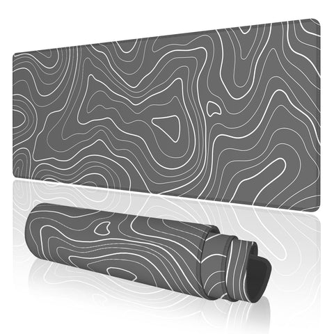 TOXXU Gray Topographic Contour Large Gaming Mouse Pad with Anti-Slip Base for Keyboard, Map Extended XL Mousepad for Office and Room, Cool Desk Mat with Stitched Edges for Desk, 31.5 x 11.8 in
