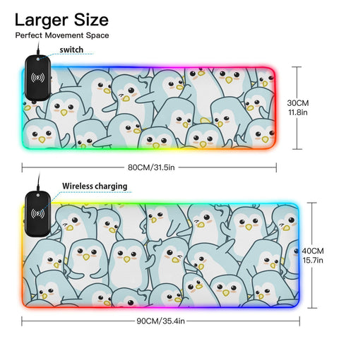 Cute Animals Penguin Wireless Charging Mouse Pad for Mobile Phone Extra Large Gaming Mousepad with 13 Lighting Modes Extended Desk Mat for Gaming MacBook PC Laptop Desk Office Home
