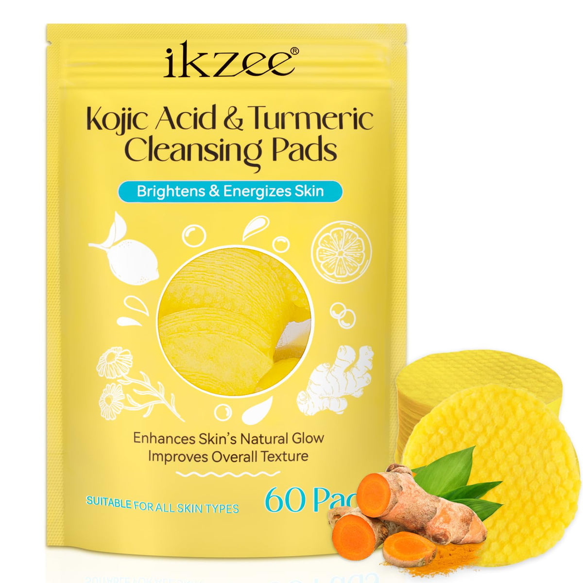60 Pads Turmeric Kojic Acid Cleansing Pads, Turmeric Kojic Pads, Turmeric Kojic Acid Pads for Exfoliating, Turmeric Exfoliating Face Pads for Dark Spots, Deep Cleansing