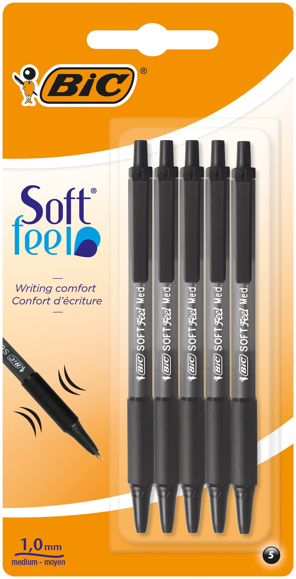 BIC Soft Feel Ballpoint Retractable Pens, Ideal for School and Office, Medium Point (1.0mm), Black, Pack of 5