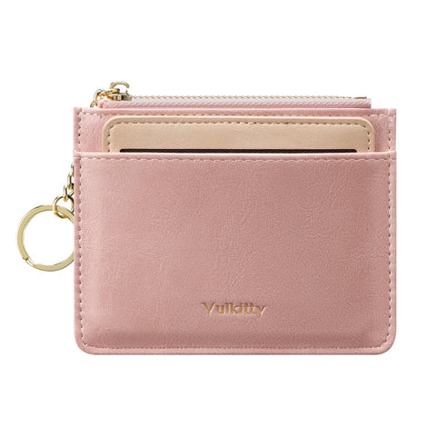 Vulkitty Womens Card Holder Slim Minimalist Leather Wallet with Removable ID Window Ladies Zipped Coin Purse Keychain Front Pocket Wallet