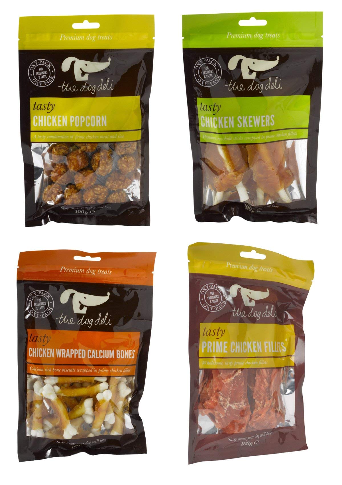 Petface Dog Deli Chicken Treats - Calcium Bones, Popcorn, Prime Filllets & Skewers (1 x 100g Bag of Each)