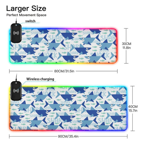 Blue Cartoon Shark Wireless Charging Mouse Pad for Mobile Phone Extra Large Gaming Mousepad with 13 Lighting Modes Extended Desk Mat for Office Home Gaming MacBook PC Laptop Desk