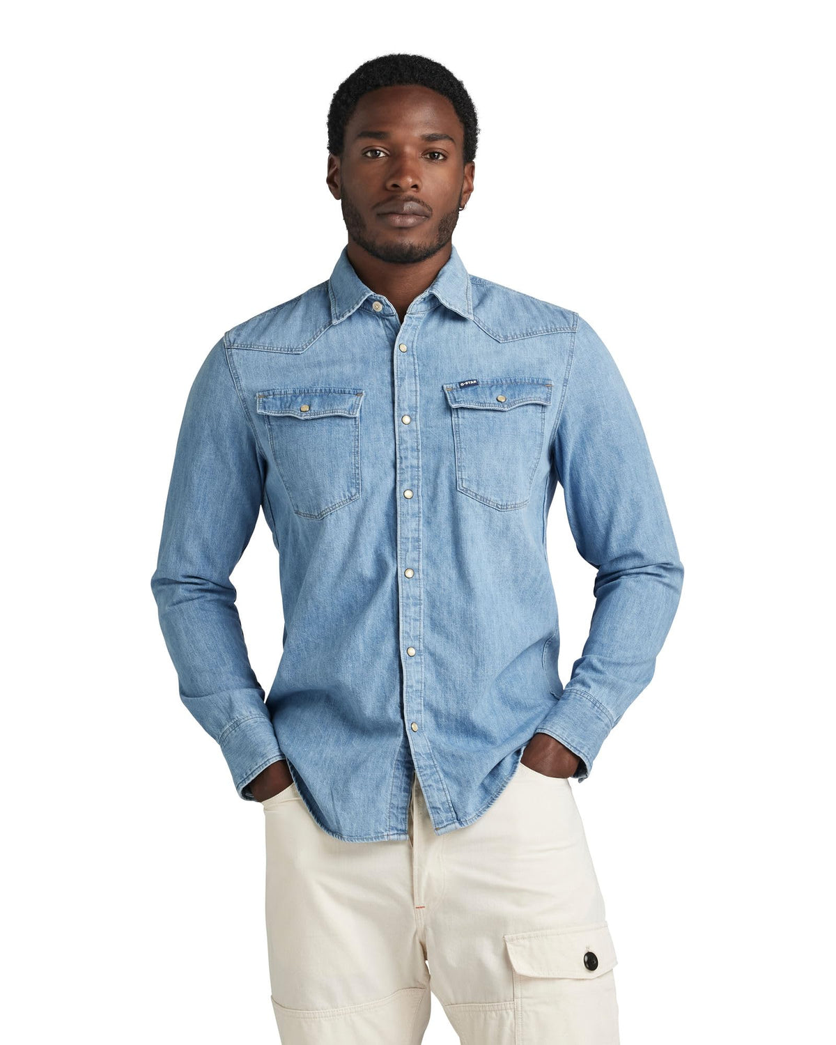 G-Star Raw Men's 3301 Western Denim Long Sleeve Slim Fit Shirt, Medium Aged, XS