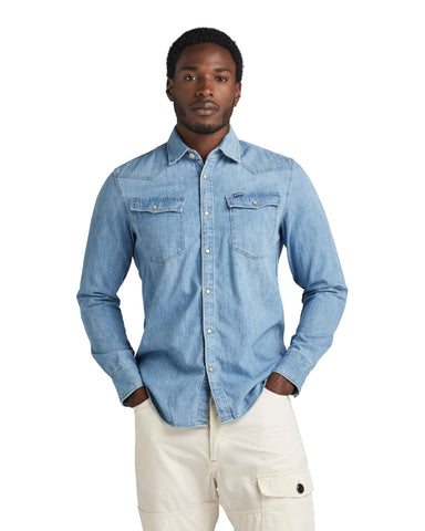 G-Star Raw Men's 3301 Western Denim Long Sleeve Slim Fit Shirt, Medium Aged, XS