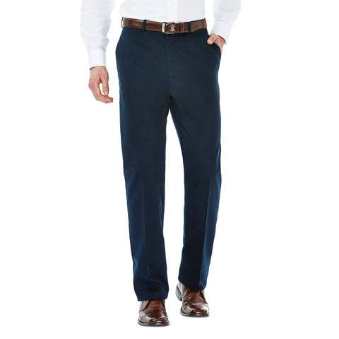 Haggar Men's Work to Weekend Hidden Expandable Waist No Iron Flat Front Pant, Dark Navy, 44W x 32L