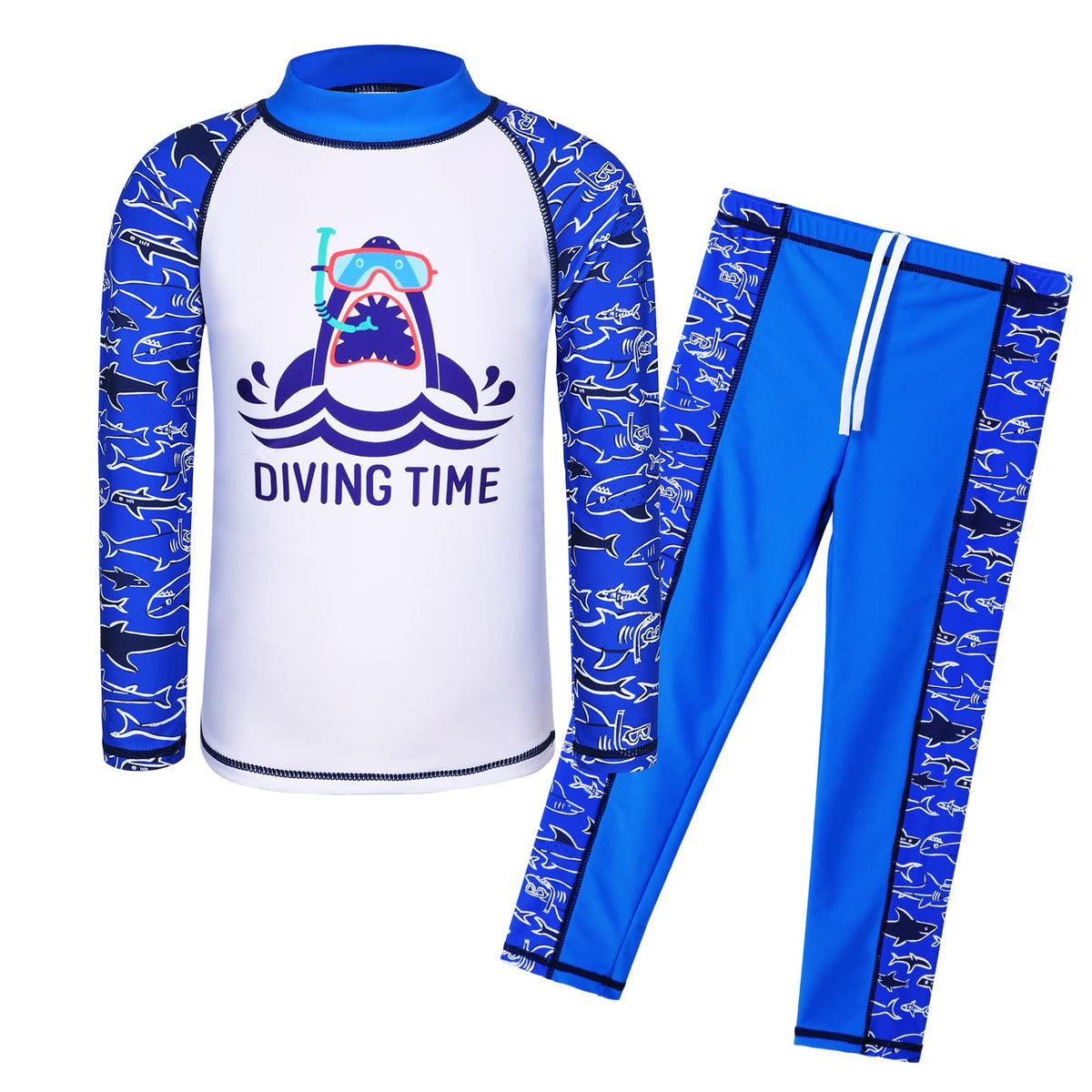 HUAANIUE Boys 3-12 Years Two Piece Long Sleeve 50+UV Swimsuit Shark Swimwear Kids Swimming Costume Sun Protection(Long Whitefish,152/158)