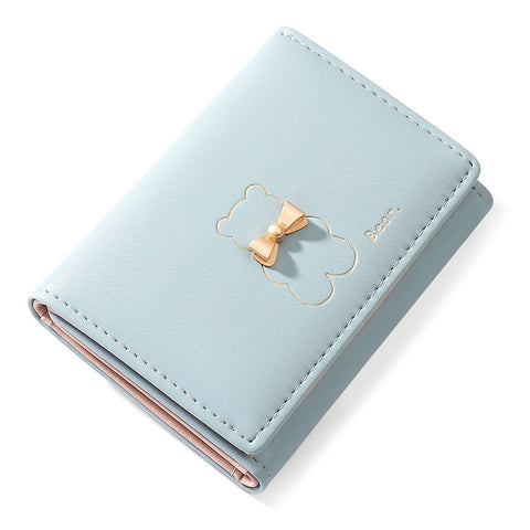 Womens Girls Wallet Cute Bowknot Trifold Wallet Leather Purse Small Slim Short Wallet Cash Card Holder Bag, 2-Bear Blue, Cute, Trifold, Tiny