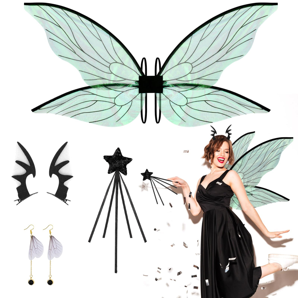 Hysagtek Fairy Wings for Adults, Fairy Wings Costume Accessories Set for Women, Halloween Dress Up Party Favor Black
