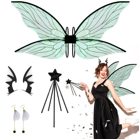 Hysagtek Fairy Wings for Adults, Fairy Wings Costume Accessories Set for Women, Halloween Dress Up Party Favor Black