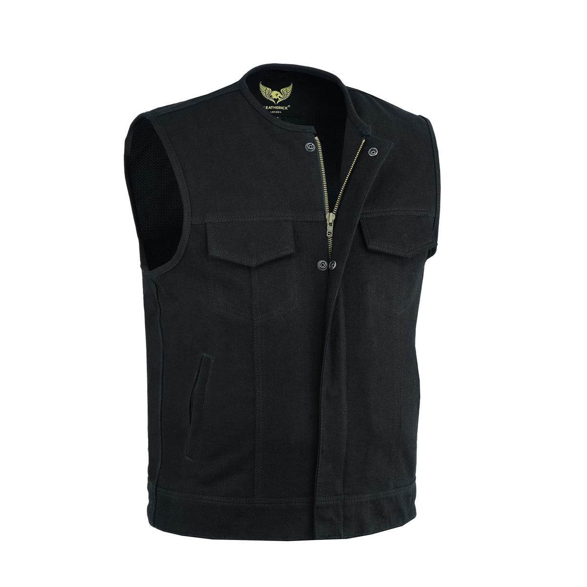 Leatherick Men SOA Black Denim Collarless Biker Vest Waistcoat with Gun Pockets (S) Black