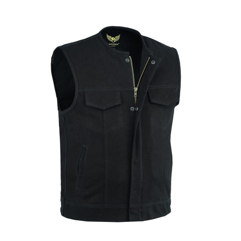 Leatherick Men SOA Black Denim Collarless Biker Vest Waistcoat with Gun Pockets (S) Black