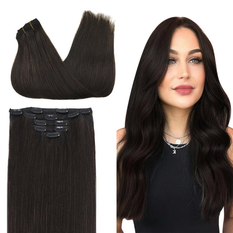 DOORES Hair Extensions Clip in Human Hair, 5pcs 80g 18 Inch Dark Brown Clip in Hair Extensions Remy Straight Natural Hair Extensions