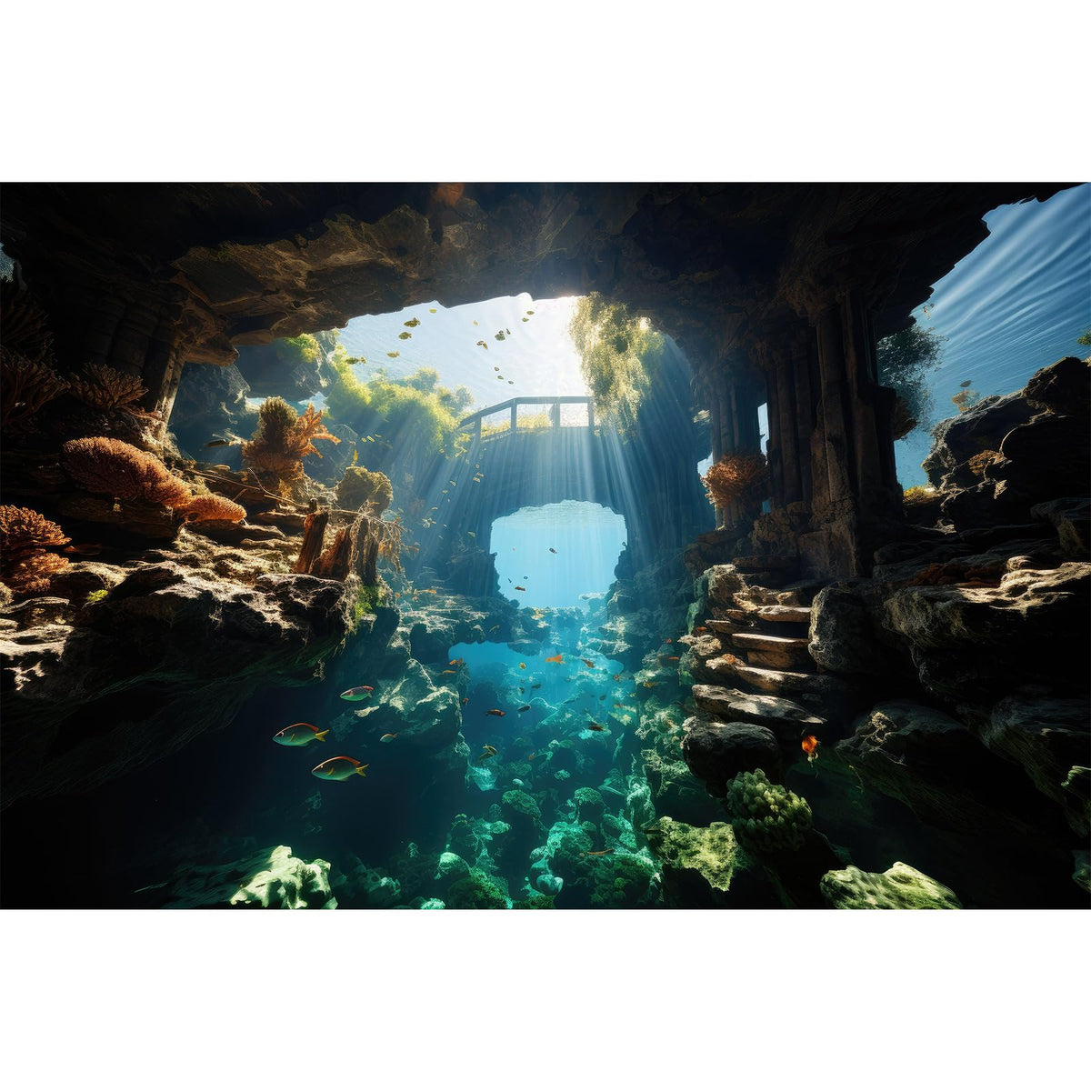 Riivvdise Aquarium Background Aquatic Stone Pillars Vibrant Fish Lively Coral Reef Terrarium Backdrop Deep Blue Sea Under Water World Fish Tank Background Rock Sunlight Rays Wallpaper Vinyl 24x16in