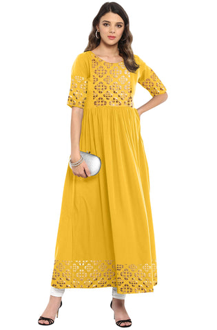 Janasya Indian Tunic Tops Crepe Kurti for Women (Yellow, 3X-Large)