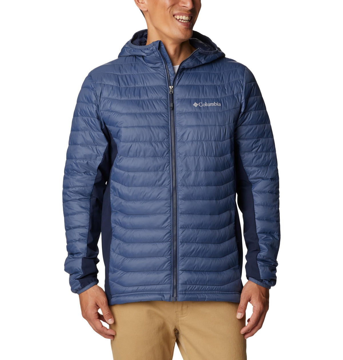 Columbia Men's Powder Pass Hooded Jacket Hooded Puffer Jacket, Dark Mountain x Collegiate Navy, Size XL
