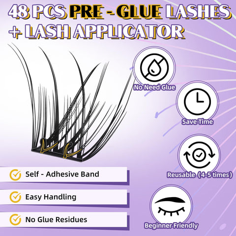 B&Q Self Adhesive Eyelashes SA02 48 PCS Reusable Adhesive Eyelashes Pre-Glued Cluster Lashes D Curl No Glue Eyelashes 10-16mm with Lash Tweezers 1 Step DIY Lash Self Stick Easy to Apply (SA02-D)