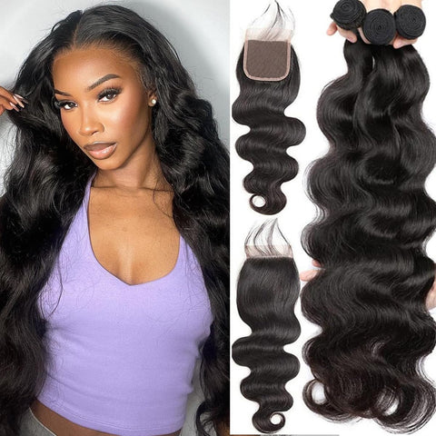 Brazilian Virgin Hair Extension Body Wave 3 Bundles with Transparent Lace Closures Pre Plucked with Baby Hair Ocean Wave Unprocessed Human Hair Bundles(22 24 26+18)