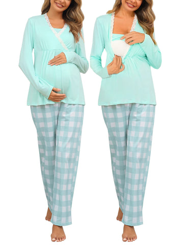 MISSKY Women's Maternity Nursing Pajama Sets Long Sleeve Pregnancy Pj Set Breastfeeding Sleepwear Green