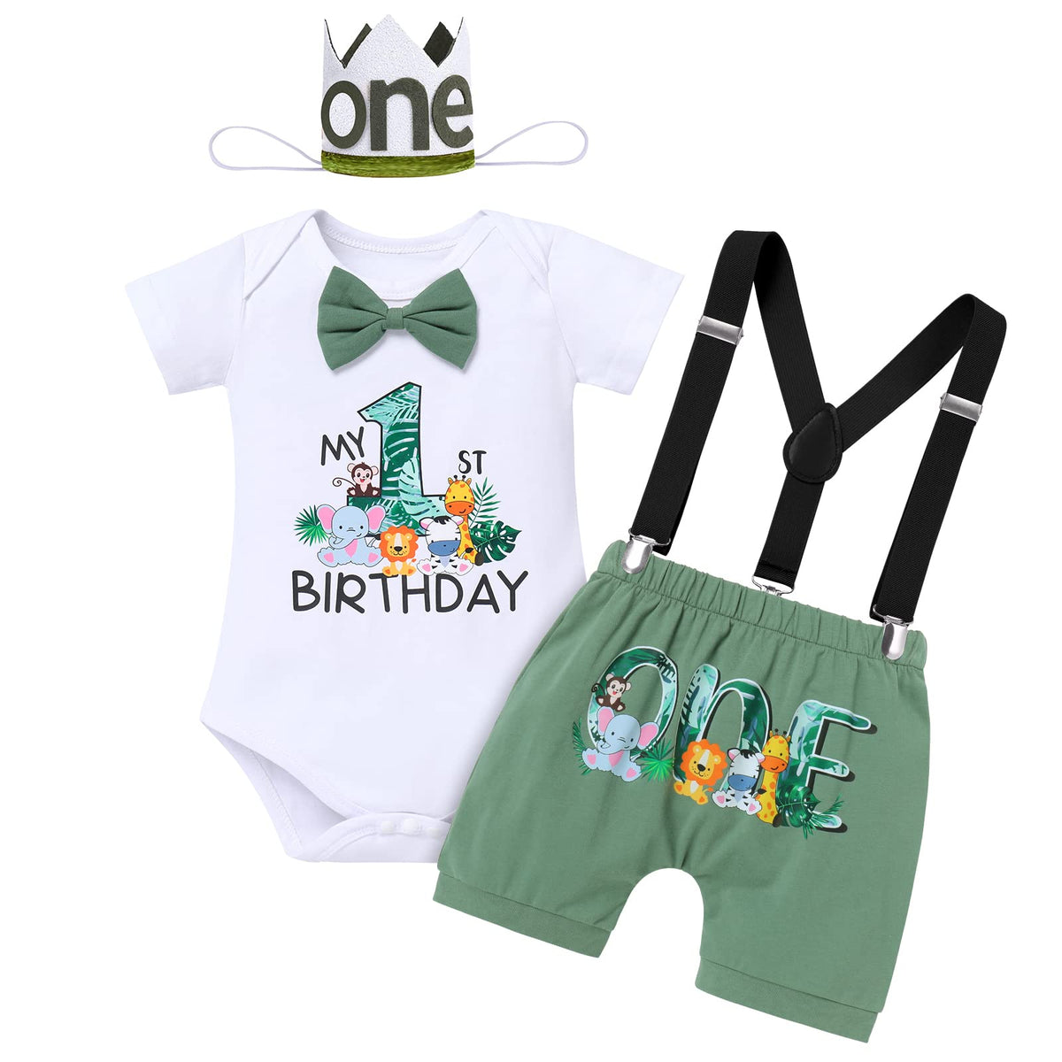 Cake Smash Outfit 1st Birthday Boy Baby Jungle Safari Animal Theme Party Bow Tie Cotton Short Sleeve Romper Shorts Pants Y-back Suspenders Crown Hat 4pcs Set Photo Shooting Props Bean Green 12-18M