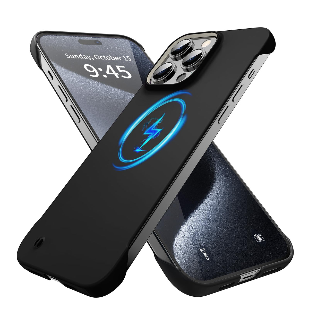 GRECAZO Magnetic Slim Case Fit for iPhone 15 Pro Phone Case 6.1"(2023) Ultra-Thin Lightweight Durable Frameless Matte Hard MagSafe Cover Case with Pull Ring Shockproof Non Slip Rope-Black