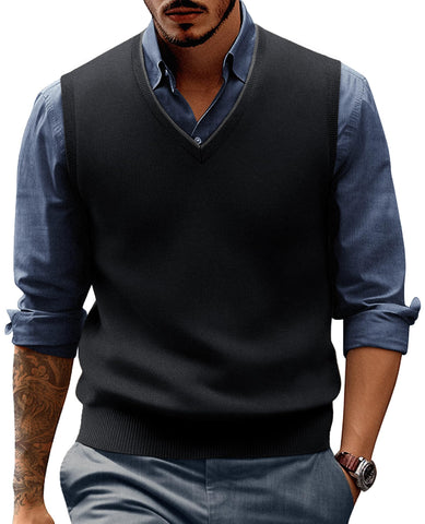 PJ PAUL JONES Mens Sweater Vest Wool Blended Knitted Vest Sweaters V-Neck Sleeveless Pullover Vests, Black, Medium