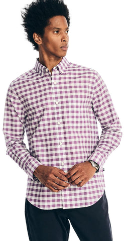NAUTICA Mens Classic Button-down-shirts, Large Checkered Purple., Medium US