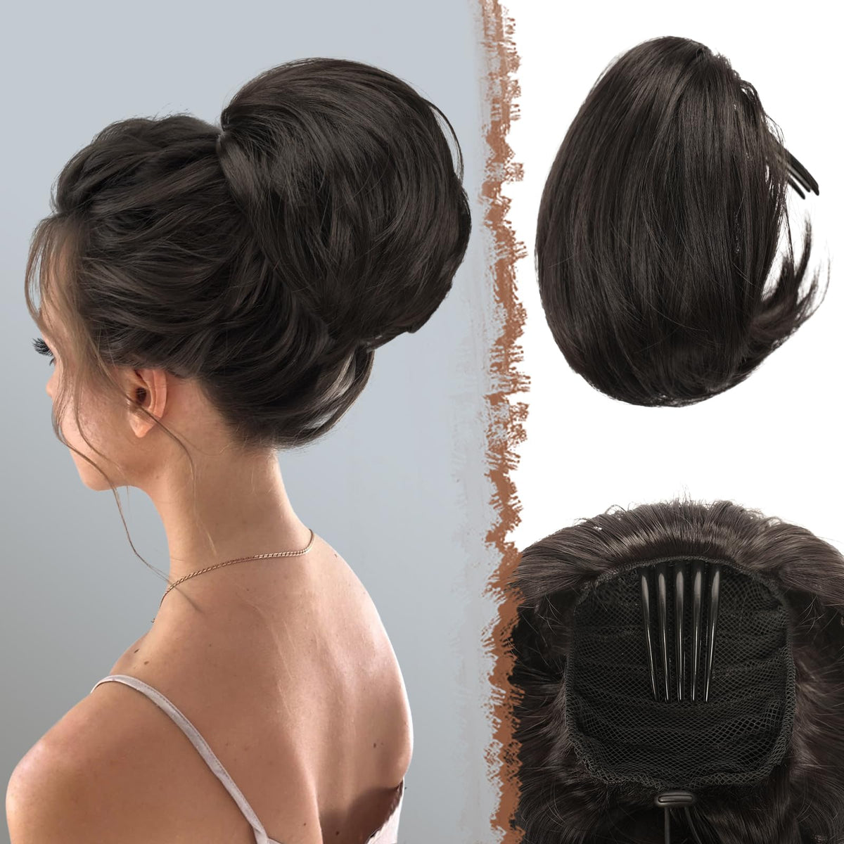 FESHFEN Hair Bun Hairpiece Fully Short Ponytail Bun Black Hair Chignon with Comb Clip Bun Updo Drawstring Bun Synthetic Hair Pieces Extension for Women