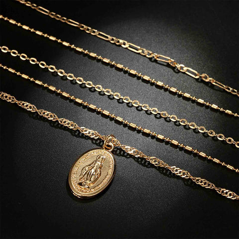 Yheakne Boho Layered Oval Coin Necklace Choker Gold Virgin Mary Necklace Figaro Chain Necklace Vintage Multilayer Necklace Chain Jewelry for Women and Girls