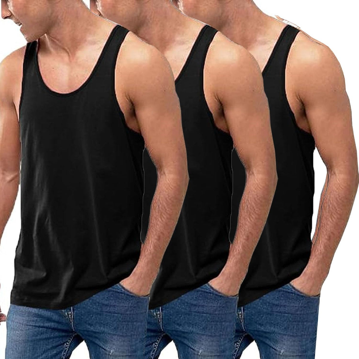 VEARZ®? Pack of 3/6 Men's Cotton Vest Classic Slim Fit Summer Plain Tank Tops - Adults Sleeveless Undershirts Gym Training Tops Plus Size Black-XL-3